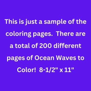 Puede incluir: Un fondo morado con texto blanco que promociona p&aacute;ginas para colorear. El texto dice: "Esto es solo una muestra de las p&aacute;ginas para colorear. &iexcl;Hay un total de 200 p&aacute;ginas diferentes de Olas del Oc&eacute;ano para colorear! 21,6 cm x 27,9 cm."
