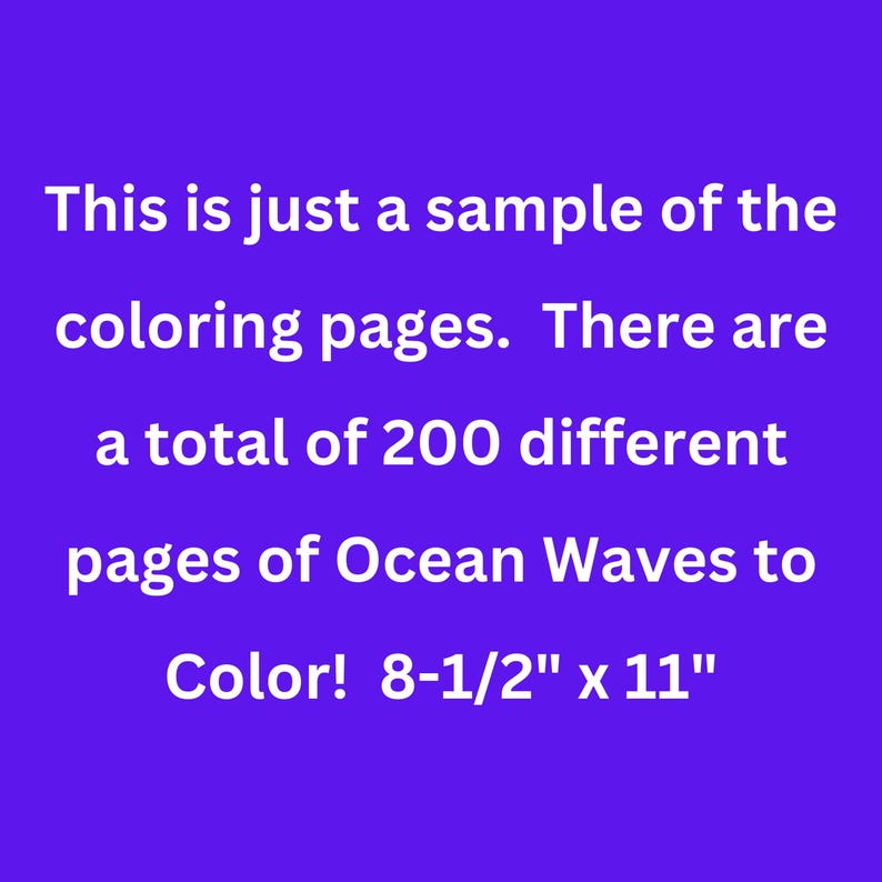 Puede incluir: Un fondo morado con texto blanco que promociona p&aacute;ginas para colorear. El texto dice: "Esto es solo una muestra de las p&aacute;ginas para colorear. &iexcl;Hay un total de 200 p&aacute;ginas diferentes de Olas del Oc&eacute;ano para colorear! 21,6 cm x 27,9 cm."