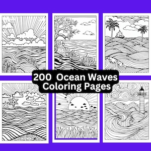 Puede incluir: Una colecci&oacute;n de seis p&aacute;ginas para colorear con tem&aacute;tica oce&aacute;nica en blanco y negro. Cada p&aacute;gina presenta dibujos detallados de olas, nubes, sol y vida marina. El texto "200 Ocean Waves Coloring Pages" se muestra en el centro.