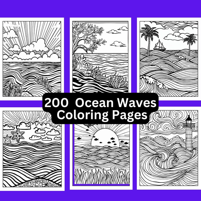 200 Ocean Waves Coloring Pages, Printable, Instant Download, Stress