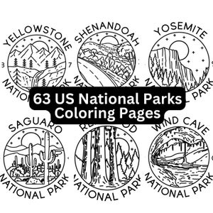 Op de afbeelding: Zwart-wit illustraties van zes Amerikaanse nationale parken, waaronder Yellowstone, Shenandoah en Yosemite. De tekst "63 US National Parks Coloring Pages" wordt weergegeven. Elk cirkelvormig ontwerp toont parklandschappen.