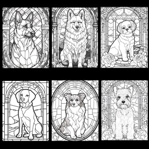 May include: Six black and white illustrations of dogs in stained glass style frames. Each dog is in a different pose and breed. The illustrations are perfect for coloring.