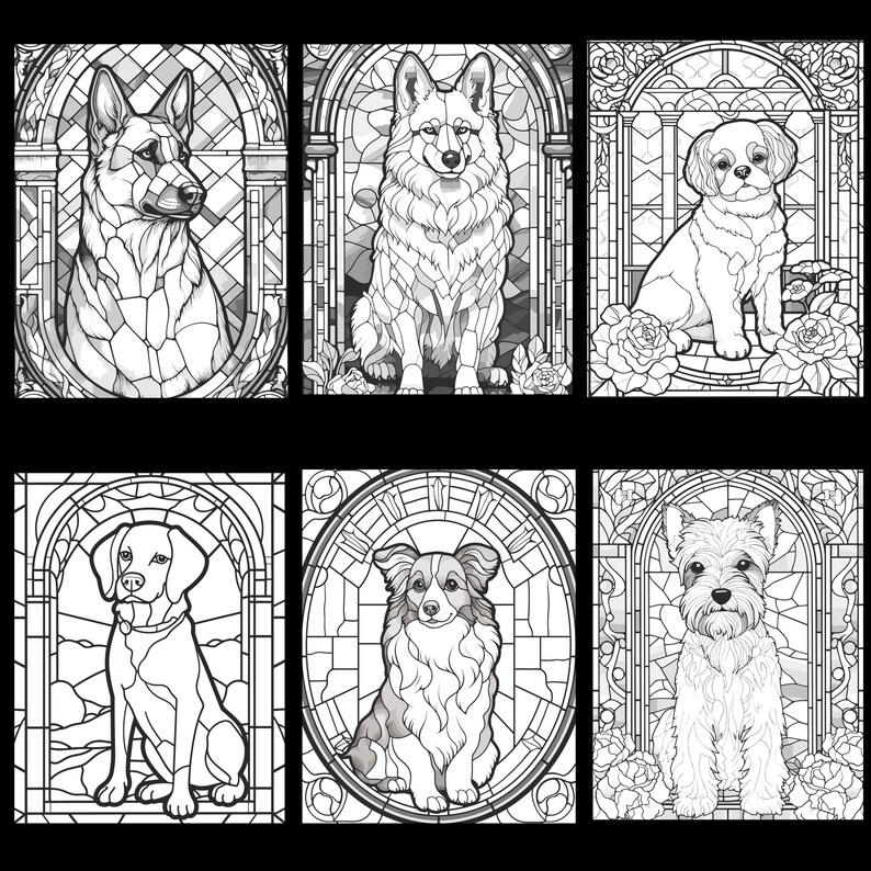May include: Six black and white illustrations of dogs in stained glass style frames. Each dog is in a different pose and breed. The illustrations are perfect for coloring.