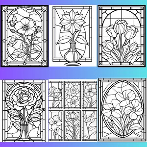 May include: A set of nine black and white stained glass window designs featuring various flowers. The designs include a single rose, a bouquet of tulips, a single flower in a vase, and a variety of other floral arrangements.