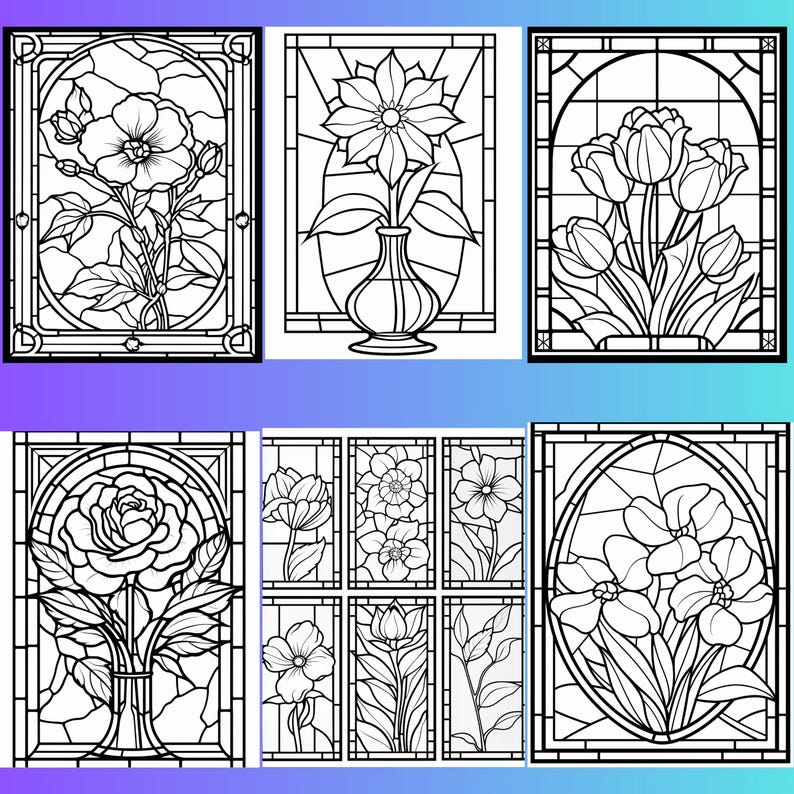 May include: A set of nine black and white stained glass window designs featuring various flowers. The designs include a single rose, a bouquet of tulips, a single flower in a vase, and a variety of other floral arrangements.