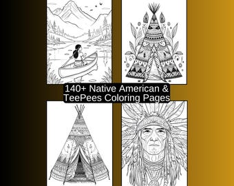 140 Native American Coloring Pages, Teepee, Feathers (Digital Download)
