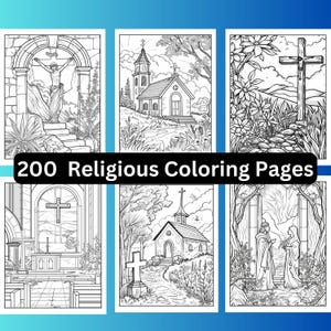 May include: A set of six black and white coloring pages featuring religious scenes. The scenes include a church, a cross, and a figure of Jesus.