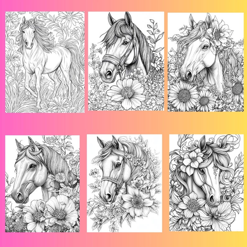 May include: Six black and white illustrations of horses with floral accents. The horses are depicted in various poses, some with bridles and some with flowers in their manes. The floral designs are intricate and detailed, featuring a variety of flowers and leaves.