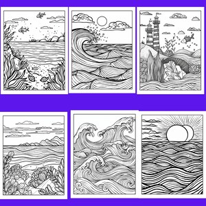 Puede incluir: Seis p&aacute;ginas para colorear con tem&aacute;tica oce&aacute;nica en blanco y negro. Cada p&aacute;gina presenta una escena oce&aacute;nica diferente, incluyendo olas, peces, faros y plantas submarinas. Las ilustraciones son detalladas y adecuadas para todas las edades.