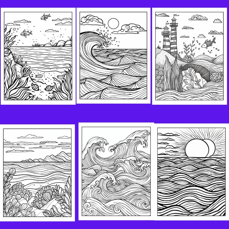 Puede incluir: Seis p&aacute;ginas para colorear con tem&aacute;tica oce&aacute;nica en blanco y negro. Cada p&aacute;gina presenta una escena oce&aacute;nica diferente, incluyendo olas, peces, faros y plantas submarinas. Las ilustraciones son detalladas y adecuadas para todas las edades.