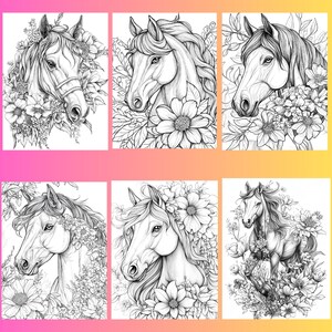 May include: Six black and white line drawings of horses with floral accents. The horses are drawn in a realistic style and are surrounded by flowers and leaves.
