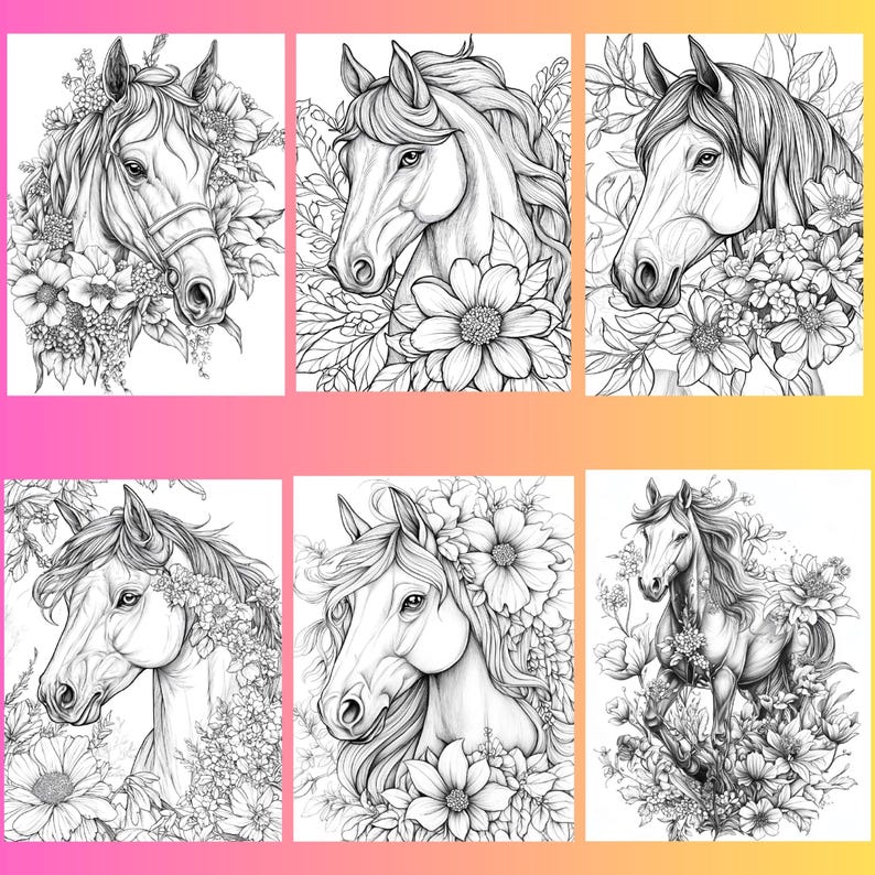 May include: Six black and white line drawings of horses with floral accents. The horses are drawn in a realistic style and are surrounded by flowers and leaves.
