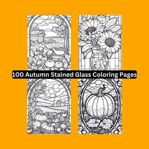 100 Autumn Stained Glass Coloring Pages, Fall Designs (Digital Download)