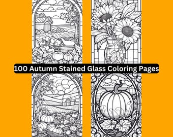 100 Autumn Stained Glass Coloring Pages, Fall Designs (Digital Download)