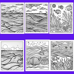 Puede incluir: Seis p&aacute;ginas para colorear con tem&aacute;tica oce&aacute;nica en blanco y negro. Cada p&aacute;gina presenta un dibujo lineal detallado de escenas oce&aacute;nicas, incluyendo olas, vida marina y paisajes. Las im&aacute;genes son adecuadas para colorear.
