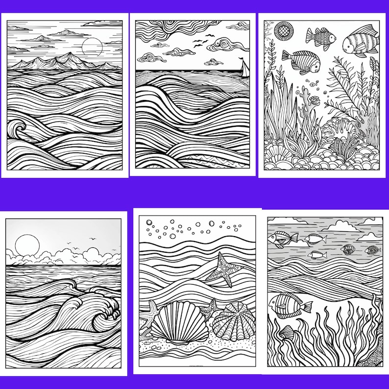 Puede incluir: Seis p&aacute;ginas para colorear con tem&aacute;tica oce&aacute;nica en blanco y negro. Cada p&aacute;gina presenta un dibujo lineal detallado de escenas oce&aacute;nicas, incluyendo olas, vida marina y paisajes. Las im&aacute;genes son adecuadas para colorear.