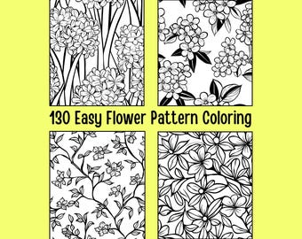 130 Easy Floral Pattern Coloring Pages, Printable (Digital Download)
