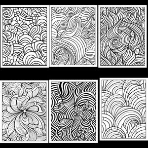 Op de afbeelding: Zes zwart-witte abstracte illustraties met ingewikkelde patronen van lijnen en swirls. De illustraties zijn in een rasterformaat gerangschikt, met drie rijen en twee kolommen.