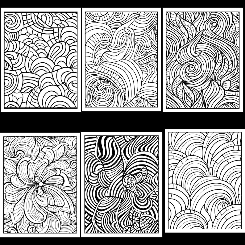 Op de afbeelding: Zes zwart-witte abstracte illustraties met ingewikkelde patronen van lijnen en swirls. De illustraties zijn in een rasterformaat gerangschikt, met drie rijen en twee kolommen.