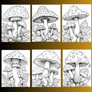May include: A black and white line drawing of six different mushroom illustrations. Each illustration features a group of mushrooms with varying sizes and shapes. The mushrooms are surrounded by leaves and other foliage.