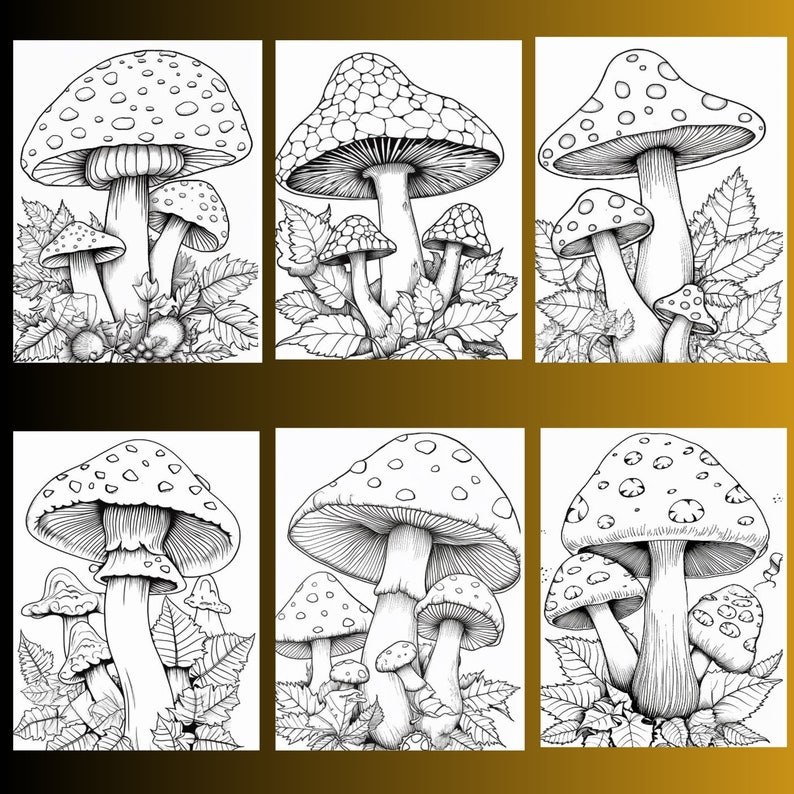 May include: A black and white line drawing of six different mushroom illustrations. Each illustration features a group of mushrooms with varying sizes and shapes. The mushrooms are surrounded by leaves and other foliage.