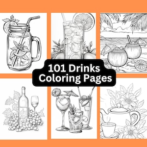 101 Drinks Coloring Pages, Printable, Instant Digital Download, Adult Kid Coloring, Coffee, Wine, Cocktails, Mason Jar Drinks Coloring Book