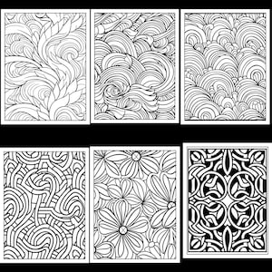 Op de afbeelding: Zes zwart-witte printbare kleurplaten met ingewikkelde patronen. De patronen omvatten swirls, bloemen en geometrische ontwerpen.
