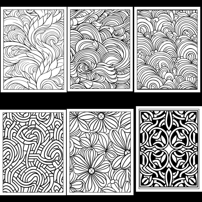 Op de afbeelding: Zes zwart-witte printbare kleurplaten met ingewikkelde patronen. De patronen omvatten swirls, bloemen en geometrische ontwerpen.