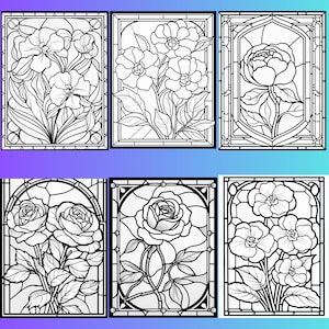 May include: Six black and white stained glass window designs featuring different floral patterns. The designs include roses, peonies, and other flowers.