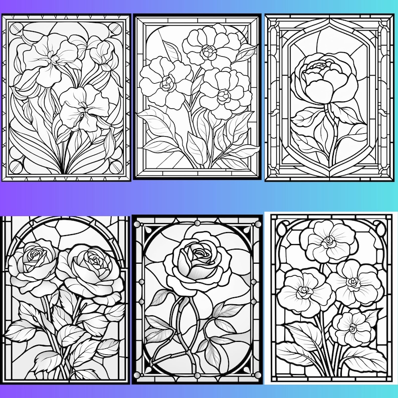 May include: Six black and white stained glass window designs featuring different floral patterns. The designs include roses, peonies, and other flowers.