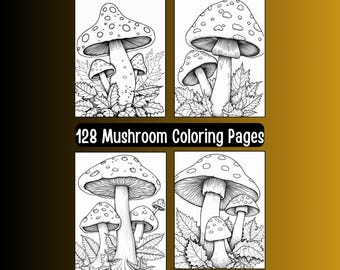 128 Mushroom Coloring Pages, Fungi Illustrations (Digital Download)