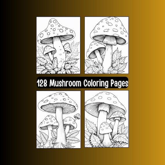 128 Mushroom Coloring Pages, Fungi Illustrations (Digital Download)