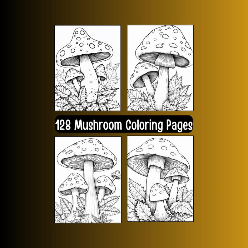 128 Mushroom Coloring Pages, Fungi Illustrations (Digital Download) image 1