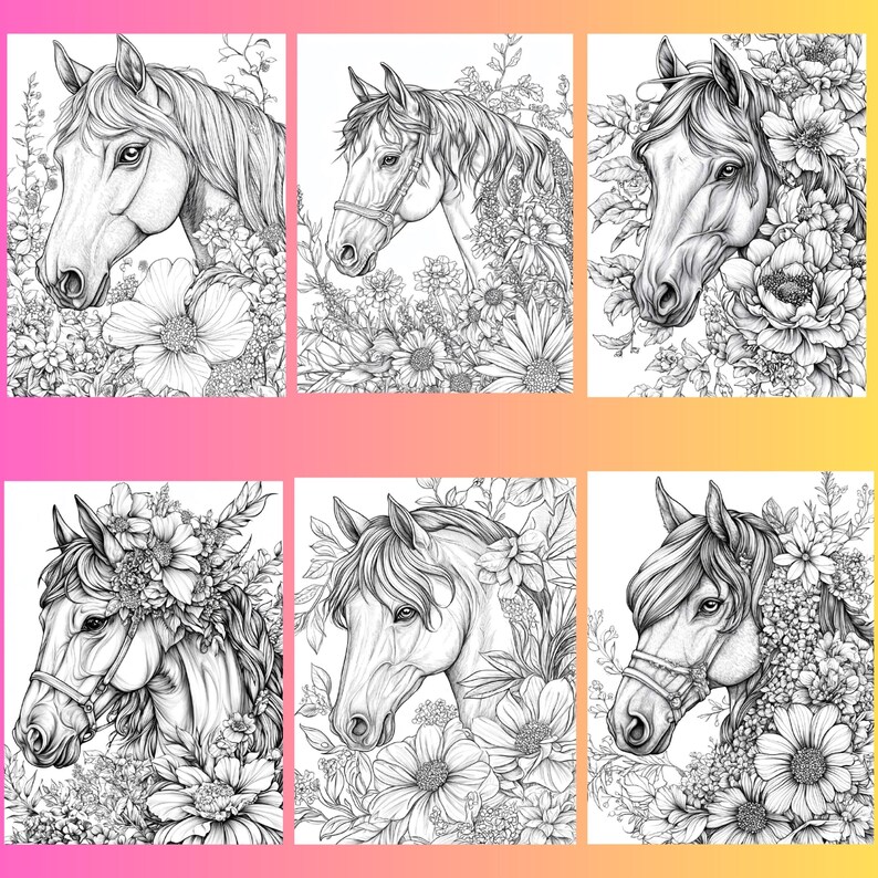 May include: Six black and white illustrations of horses with floral accents. Each horse is depicted with a different floral arrangement around its head and neck.