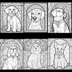 May include: Six black and white illustrations of dogs in stained glass frames. Each dog is in a different pose and breed. The illustrations are perfect for coloring.