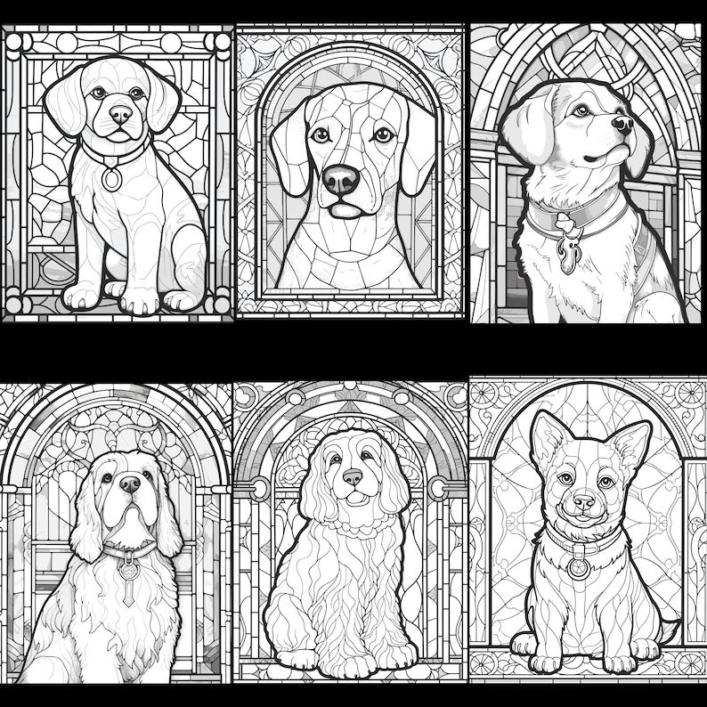 May include: Six black and white illustrations of dogs in stained glass frames. Each dog is in a different pose and breed. The illustrations are perfect for coloring.