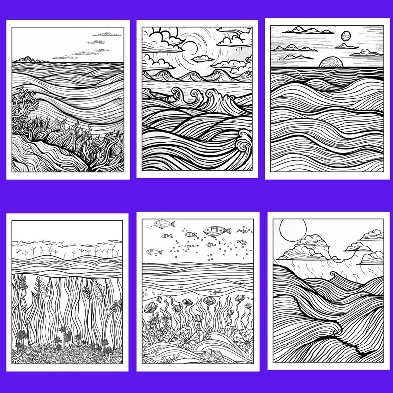 Puede incluir: Seis grabados art&iacute;sticos en blanco y negro con tem&aacute;tica oce&aacute;nica. Cada grabado presenta dibujos lineales detallados de olas, vida marina y escenas costeras. La obra de arte incluye representaciones de peces, algas marinas y diversas formaciones de nubes.