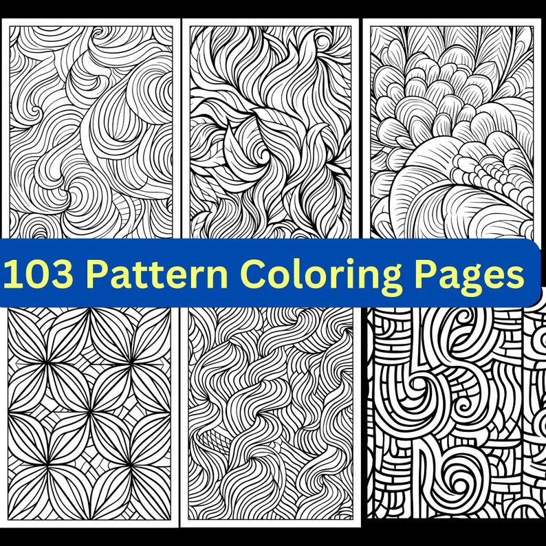 Op de afbeelding: Zes zwart-wit kleurplaten met ingewikkelde patronen. De pagina's zijn verticaal gerangschikt met de tekst "103 Pattern Coloring Pages" in blauwe letters bovenaan.