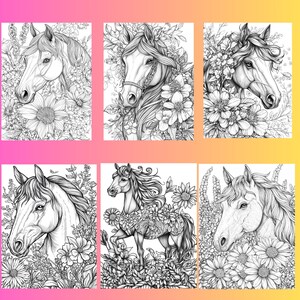 May include: Six black and white illustrations of horses with floral designs. The horses are in various poses, including standing, running, and looking to the side. The floral designs are intricate and detailed, and include flowers, leaves, and vines.