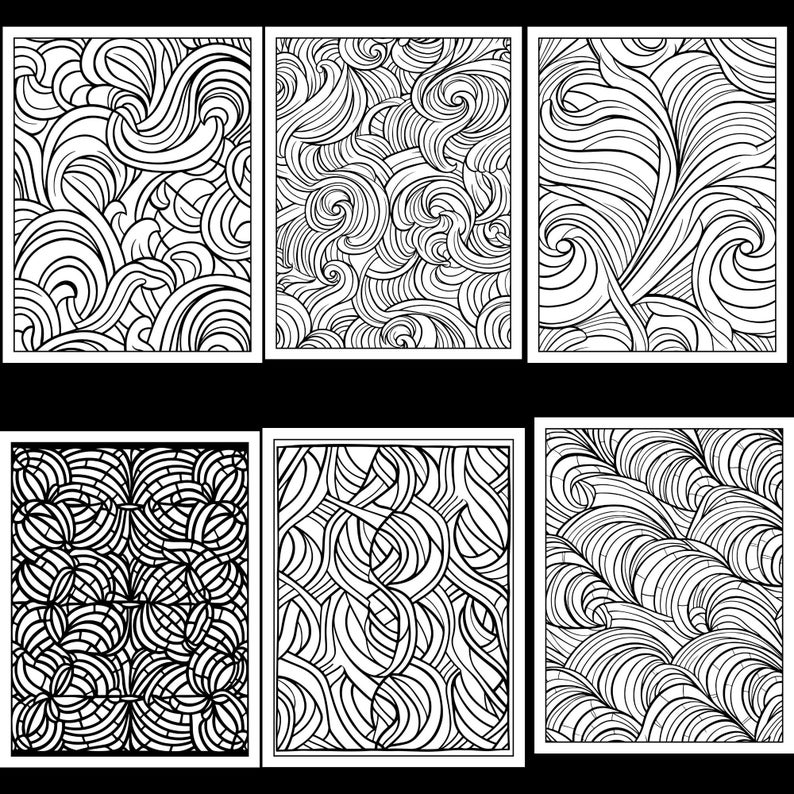 Op de afbeelding: Zes zwart-wit illustraties van abstracte patronen met draaiende lijnen en vormen.