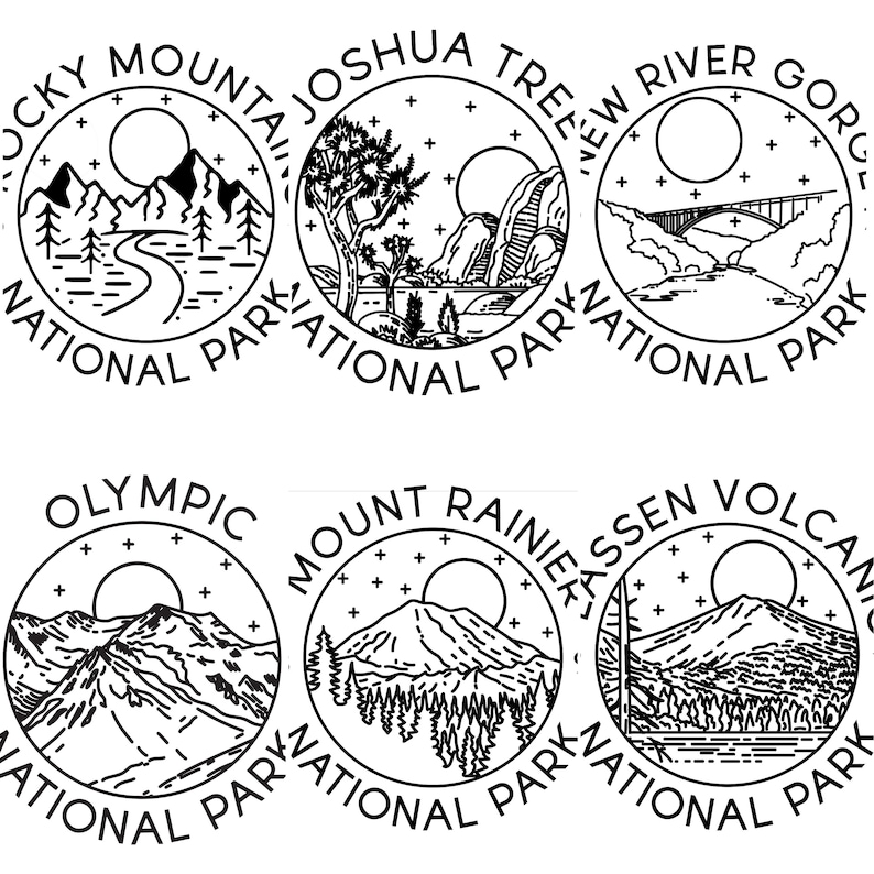Op de afbeelding: Zes cirkelvormige zwart-wit illustraties van Nationale Park emblemen. Elk embleem toont een landschapssc&egrave;ne en de naam van het park: Rocky Mountain, Joshua Tree, New River Gorge, Olympic, Mount Rainier en Lassen Volcanic National Park.