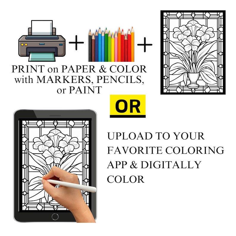 May include: A printable coloring page featuring a black and white illustration of a bouquet of flowers in a vase. The image can be printed and colored with markers, pencils, or paint, or uploaded to a digital coloring app.