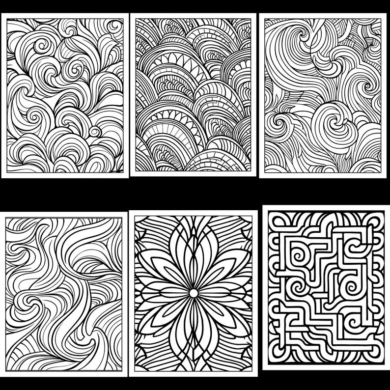Op de afbeelding: Zes zwart-wit kleurplaten met ingewikkelde patronen. De patronen omvatten golven, spiralen, geometrische vormen en een bloem.
