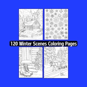 120 Winter Scenes Coloring Pages Book, Snow, Cabin, Ice Skating (Digital Download)