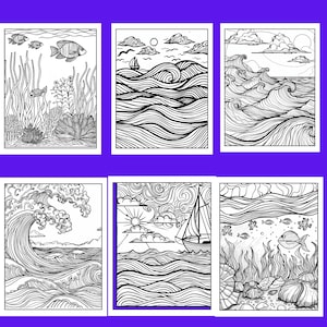 Puede incluir: Seis p&aacute;ginas para colorear en blanco y negro con temas oce&aacute;nicos y marinos. Las im&aacute;genes incluyen ilustraciones detalladas de peces, corales, olas, veleros y escenas submarinas. Cada p&aacute;gina est&aacute; enmarcada con un borde blanco.