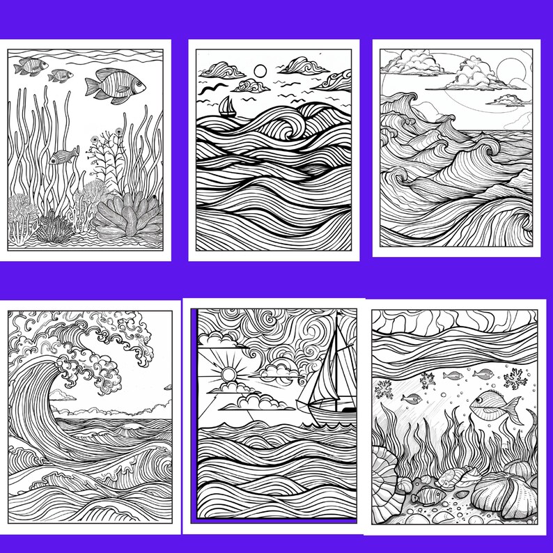 Puede incluir: Seis p&aacute;ginas para colorear en blanco y negro con temas oce&aacute;nicos y marinos. Las im&aacute;genes incluyen ilustraciones detalladas de peces, corales, olas, veleros y escenas submarinas. Cada p&aacute;gina est&aacute; enmarcada con un borde blanco.