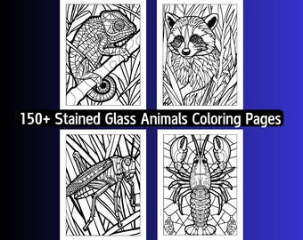 150 Stained Glass Animals Coloring Pages, Mosaic Style (Digital Download)