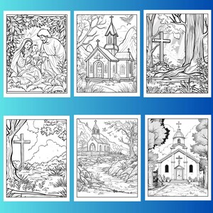 May include: A coloring book with six black and white illustrations of religious scenes. The illustrations include a family with a baby, a church in a mountain setting, a cross in a forest, a church by a river, and two more churches.