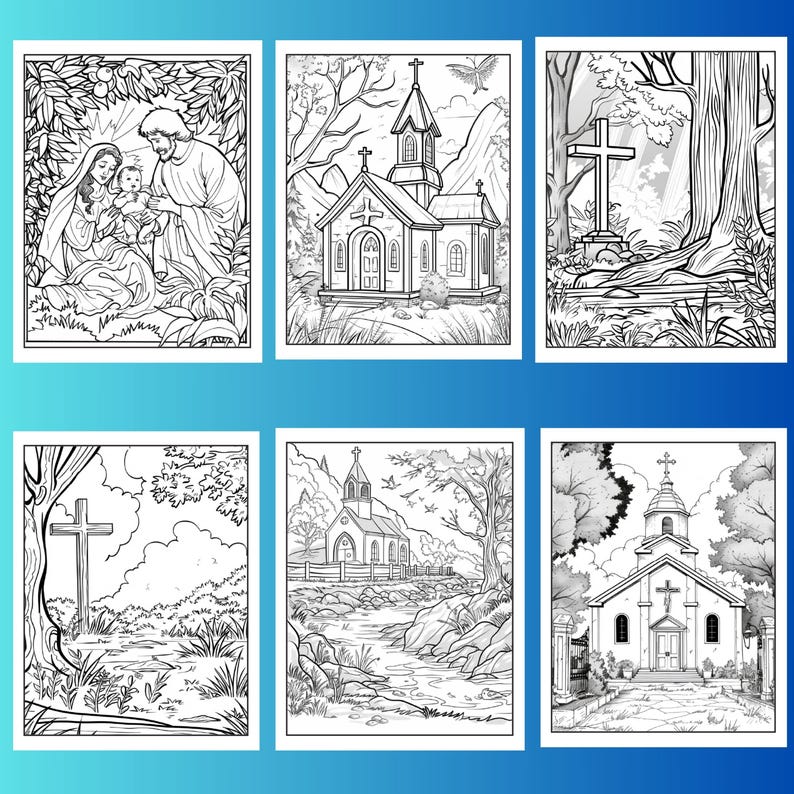 May include: A coloring book with six black and white illustrations of religious scenes. The illustrations include a family with a baby, a church in a mountain setting, a cross in a forest, a church by a river, and two more churches.