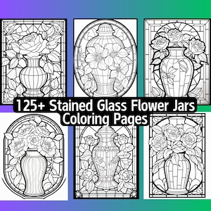 125+ Stained Glass Flower Jars Coloring Pages, Printable, Instant Download, Adult, Digital, Easter, Religious, Church, Floral, Plant, Window